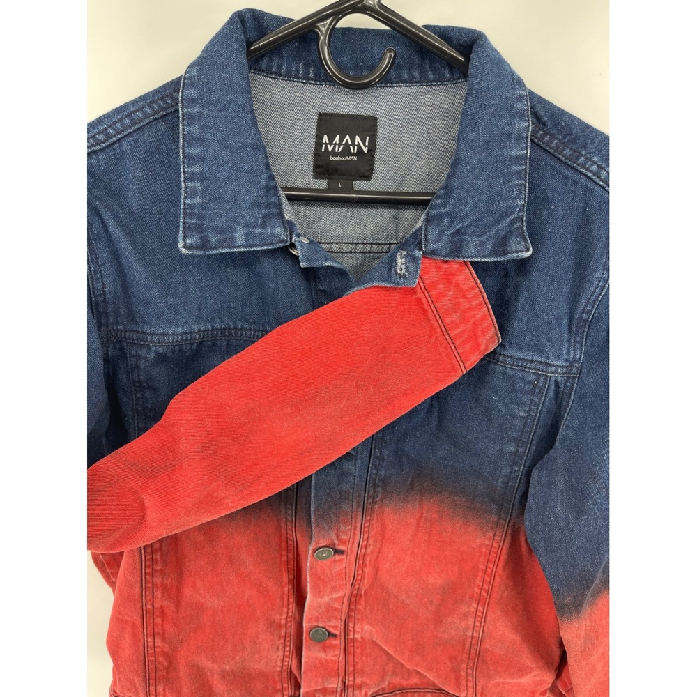 boohooMAN Denim Jacket Mens Large Blue Red Ombre Dip Dye Trucker Streetwear